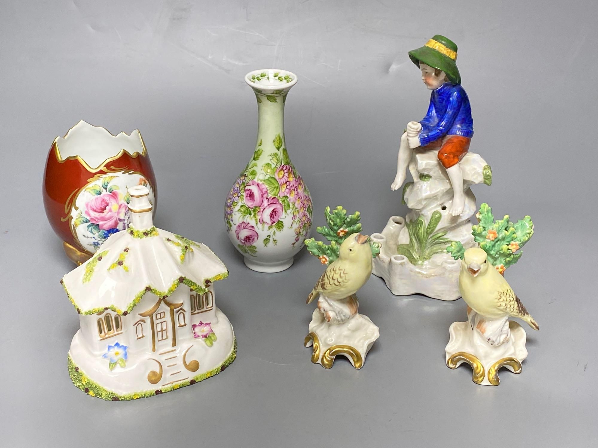 A Sitzendorf figure Fisher boy, a Coalport cottage and Continental ceramics (6)